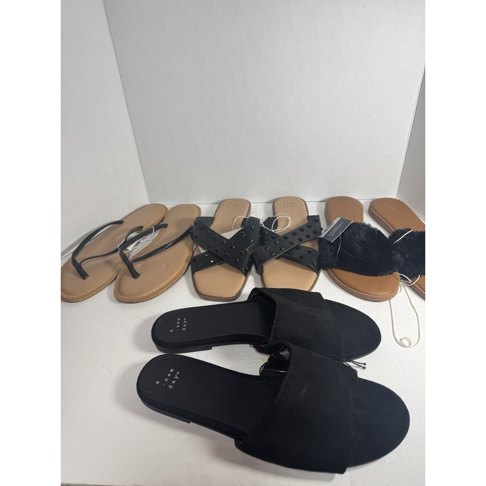 Lot of 4 Womens Size 9 Sandals Slides Old Navy Target A New Day NWT Black Tan